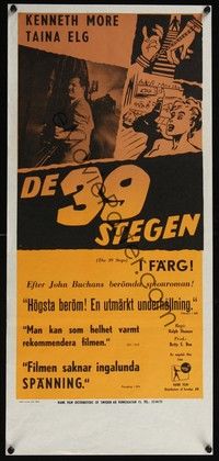 3j087 39 STEPS Swedish stolpe '59 Kenneth More, Taina Elg, English crime thriller, cool art!