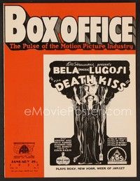 3m044 BOX OFFICE exhibitor magazine January 26, 1933 Love with Garbo, Bela Lugosi in Death Kiss!
