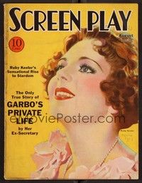 3m093 SCREEN PLAY magazine August 1933 great artwork portrait of Ruby Keeler by Henry Clive!