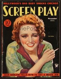 3m096 SCREEN PLAY magazine November 1933 cool art of smiling Pert Kelton smoking and winking!