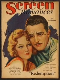 3m080 SCREEN ROMANCES magazine Nov 1929 Eleanor Boardman & John Gilbert in Redemption art by Erbit!