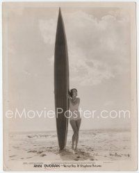 3s024 ANN DVORAK 8x10 still '35 great portrait on beach with surfboard three times her size!
