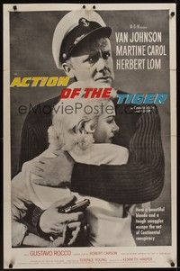 3t018 ACTION OF THE TIGER 1sh '57 cool image of Van Johnson holding Martine Carol & pistol!