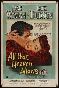 3t029 ALL THAT HEAVEN ALLOWS 1sh '55 close up romantic art of Rock Hudson kissing Jane Wyman!