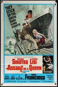 3t044 ASSAULT ON A QUEEN 1sh '66 art of Frank Sinatra w/pistol & sexy Virna Lisi on submarine deck!