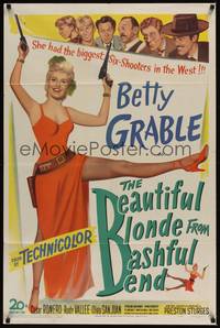 3t061 BEAUTIFUL BLONDE FROM BASHFUL BEND 1sh '49 Preston Sturges, Betty Grable has the big guns!