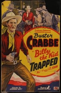 3t083 BILLY THE KID TRAPPED 1sh '42 stone litho artwork of cowboy Buster Crabbe!