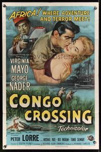 3t190 CONGO CROSSING 1sh '56 Peter Lorre pointing gun at Virginia Mayo & George Nader!