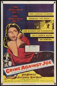 3t202 CRIME AGAINST JOE 1sh '56 sexy Julie London on ground after being attacked!