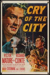 3t205 CRY OF THE CITY 1sh '48 film noir, cool c/u of Victor Mature, Richard Conte, Shelley Winters
