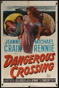 3t215 DANGEROUS CROSSING 1sh '53 artwork of very sexy Jeanne Crain in nightie, Michael Rennie!