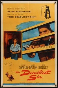 3t224 DEADLIEST SIN 1sh '56 Sydney Chaplin behind bars points gun at pretty Audrey Dalton!