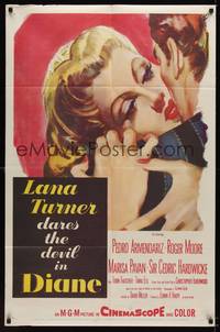 3t240 DIANE 1sh '56 sexy Lana Turner dares the devil, great close up romantic artwork!