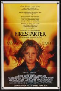 3t301 FIRESTARTER advance 1sh '84 close up of creepy eight year-old Drew Barrymore, sci-fi!