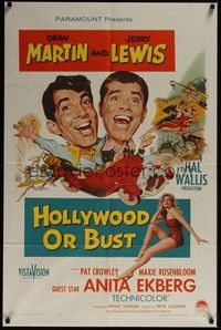3t437 HOLLYWOOD OR BUST 1sh '56 wacky art of Dean Martin & Jerry Lewis in car, sexy Anita Ekberg!