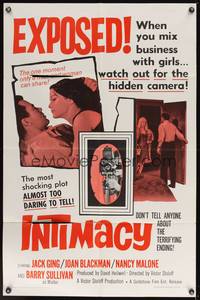 3t461 INTIMACY 1sh '66 Jack Ging, Joan Blackman, watch out for the hidden camera!