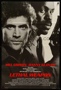 3t555 LETHAL WEAPON advance 1sh '87 great close image of cop partners Mel Gibson & Danny Glover!