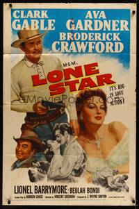 3t573 LONE STAR 1sh '51 artwork of Clark Gable with gun & kissing sexy Ava Gardner!