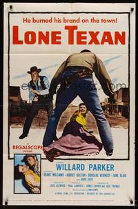 3t575 LONE TEXAN 1sh '59 Texas cowboy Willard Parker saves Audrey Dalton from bad guy!