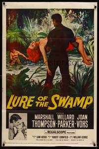 3t592 LURE OF THE SWAMP 1sh '57 art of man carrying sexy unconscious Joan Vohs!
