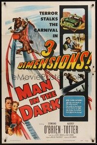 3t606 MAN IN THE DARK 1sh '53 really cool 3-D art of men fighting on rollercoaster!
