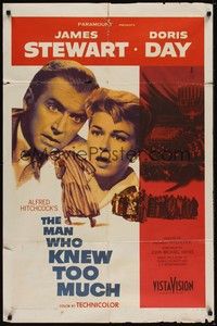 3t607 MAN WHO KNEW TOO MUCH 1sh '56 Alfred Hitchcock, husband & wife Jimmy Stewart & Doris Day!