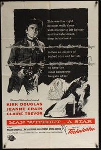 3t608 MAN WITHOUT A STAR 1sh R50s art of cowboy Kirk Douglas pointing gun, Jeanne Crain