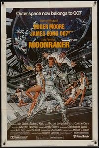 3t634 MOONRAKER 1sh '79 art of Roger Moore as James Bond & sexy space babes by Gouzee!