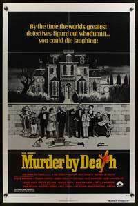 3t641 MURDER BY DEATH 1sh '76 great Charles Addams artwork of cast by dead body & spooky house!