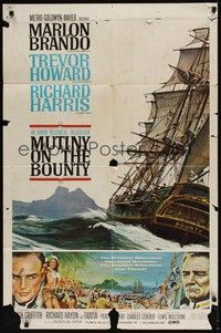 3t647 MUTINY ON THE BOUNTY style B 1sh '62 Marlon Brando, cool seafaring art of ship by Smith!