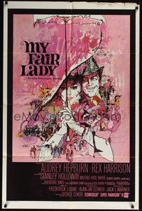 3t649 MY FAIR LADY 1sh '64 classic art of Audrey Hepburn & Rex Harrison by Bob Peak!