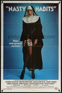 3t656 NASTY HABITS 1sh '77 Glenda Jackson as sexy nun w/tape recorder on leg, by Brut!