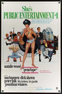 3t701 PENELOPE 1sh '66 sexiest artwork of Natalie Wood with big money bags and gun!
