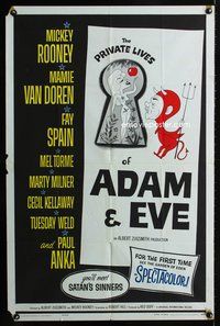 3t728 PRIVATE LIVES OF ADAM & EVE 1sh '60 wacky art of sexy Mamie Van Doren & devil Mickey Rooney!