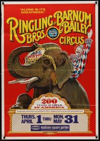 3t764 RINGLING BROS & BARNUM & BAILEY CIRCUS 1sh '75 wonderful art of clown riding elephant!