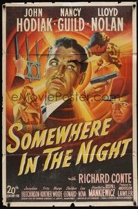 3t833 SOMEWHERE IN THE NIGHT 1sh '46 John Hodiak, Nancy Guild, really cool film noir artwork!