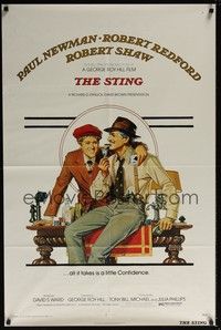 3t857 STING 1sh '74 best artwork of con men Paul Newman & Robert Redford by Richard Amsel!