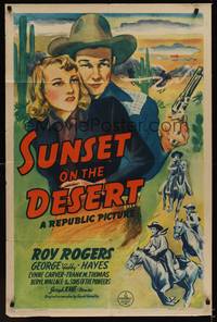 3t874 SUNSET ON THE DESERT 1sh '42 artwork of cowboy Roy Rogers, pretty Lynne Carver!