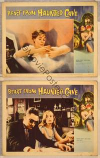 3v560 BEAST FROM HAUNTED CAVE 2 LCs '59 Roger Corman, sexy girl in bathtub, border art of monster!
