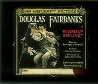 3w156 HE COMES UP SMILING glass slide '18 Douglas Fairbanks trades places with a hobo!