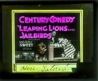 3w166 LEAPING LIONS & JAILBIRDS glass slide '21 convict Harry Sweet holds off angry lion!