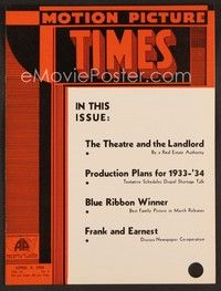 3w053 MOTION PICTURE TIMES exhibitor magazine April 6, 1933 the answer to the industry's problems!