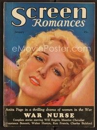 3w078 SCREEN ROMANCES magazine January 1931 art of sexy Anita Page from War Nurse!
