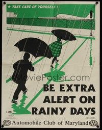 3y076 BE EXTRA ALERT ON RAINY DAYS special '45 driver safety poster, cool artwork!