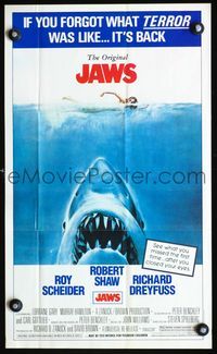 3y219 JAWS Topps poster '81 art of Steven Spielberg's classic man-eating shark attacking swimmer!
