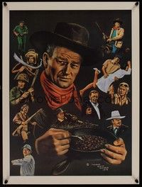 3y572 JOHN WAYNE commercial 18x24 '79 great artwork of the Duke in many roles by Morris!