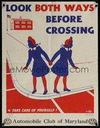 3y083 LOOK BOTH WAYS BEFORE CROSSING special 17x22 '45 artwork of sisters, take care of yourself!