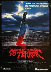 3y412 NIGHT TRAIN TO TERROR special poster '84 cool artwork of bloody knife in train tracks!
