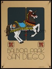 3y119 BALBOA PARK SAN DIEGO travel poster '80s great Mario Uribe artwork of carousel horse!