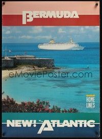 3y120 BERMUDA travel poster '80s great image of Caribbean Ocean & cruise ship!